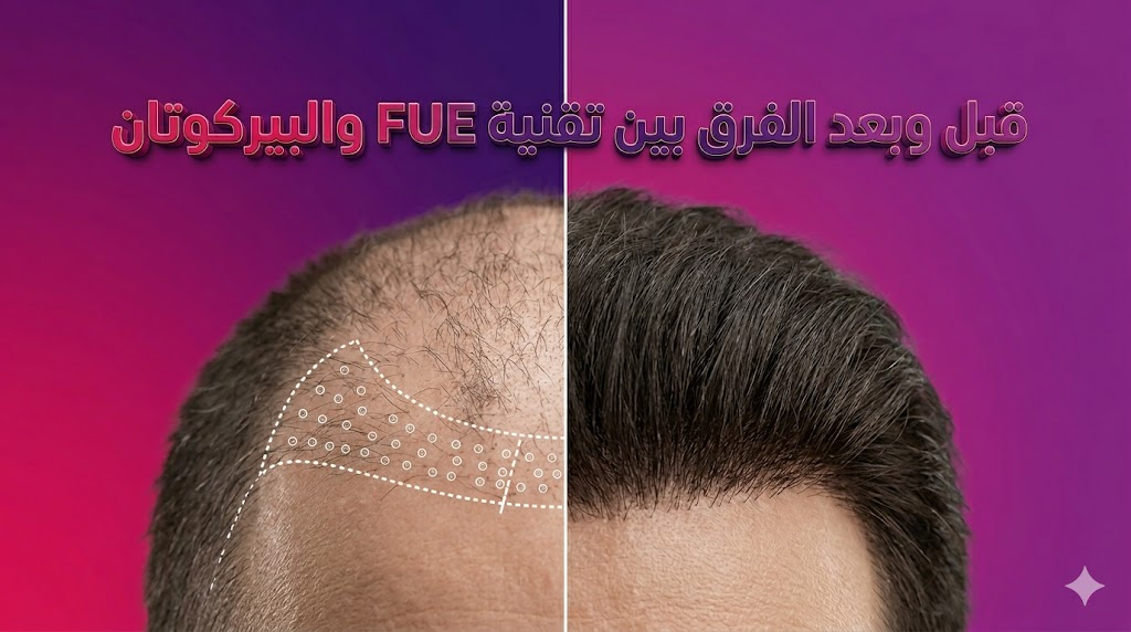 مقارنة قبل وبعد تظهر نتائج الفرق بين تقنية FUE والبيركوتان في كثافة الشعر.