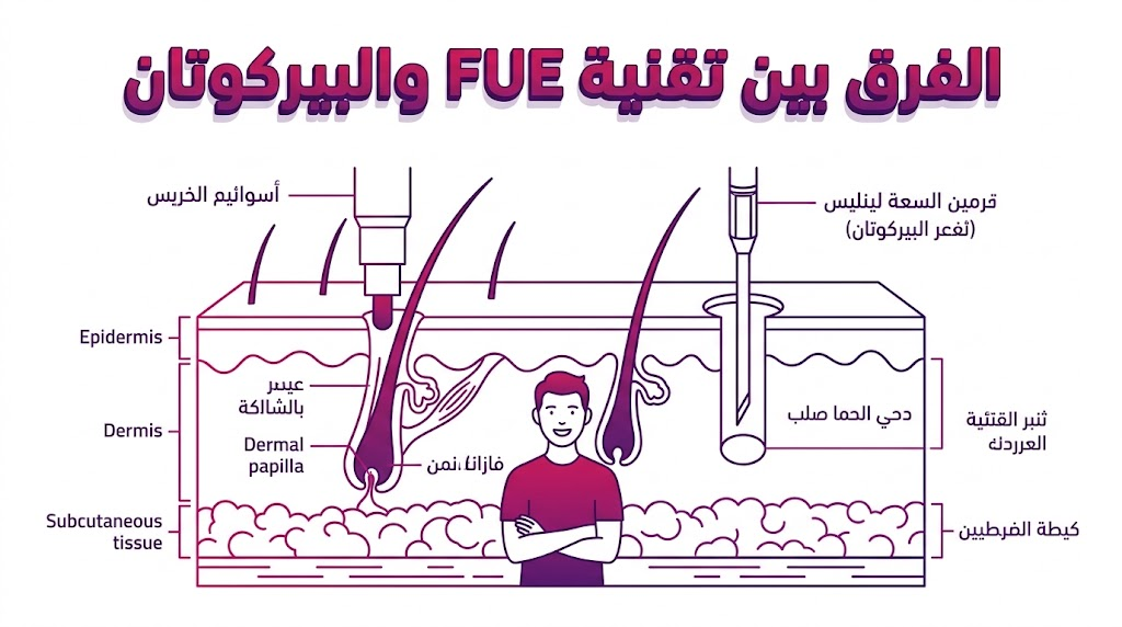 إنفوجرافيك طبي يوضح التشريح العلمي والفرق بين تقنية FUE والبيركوتان لفتح القنوات.
