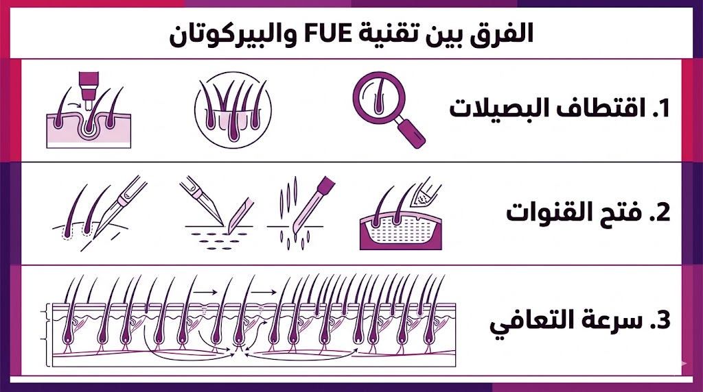 بوستر إنفوجرافيك يوضح خطوات زراعة الشعر والفرق بين تقنية FUE والبيركوتان.