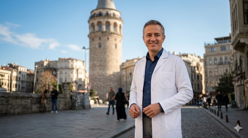 طبيب خبير في زراعة الشعر يقف أمام برج غالاتا في إسطنبول لشرح الفرق بين تقنية FUE والبيركوتان.