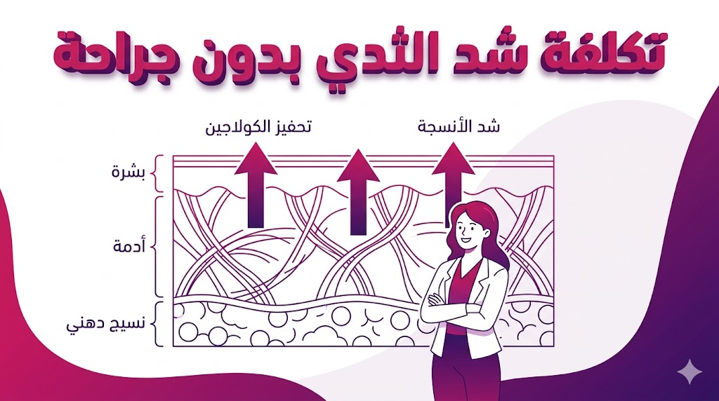 مخطط تشريحي علمي يوضح آلية عمل التقنيات غير الجراحية المرتبطة بـ تكلفة شد الثدي بدون جراحة.