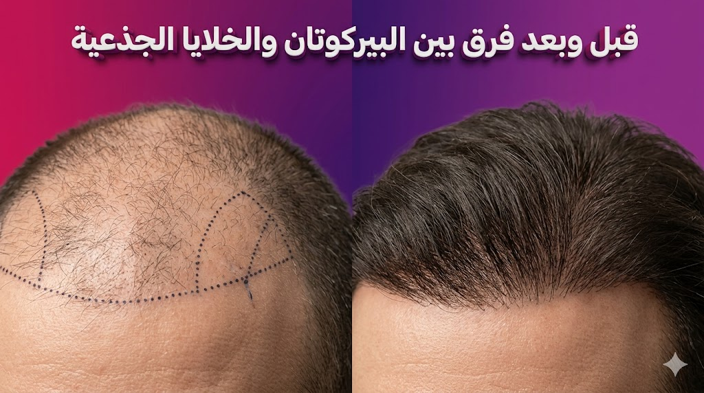 مقارنة قبل وبعد توضح فرق بين البيركوتان والخلايا الجذعية على فروة الرأس مع تخطيط طبي دقيق.
