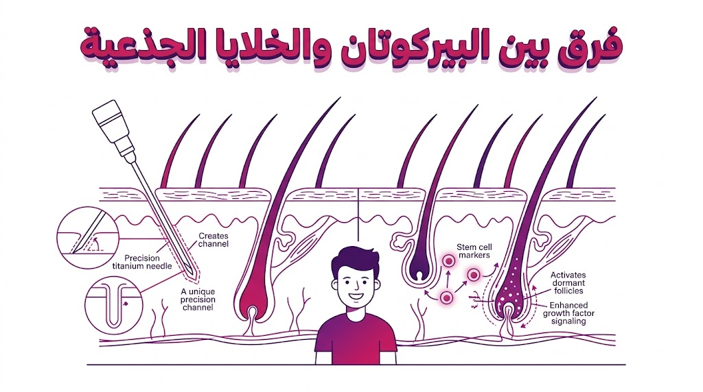 إنفوجرافيك تشريحي يوضح فرق بين البيركوتان والخلايا الجذعية في آلية زراعة وتقوية بصيلات الشعر.