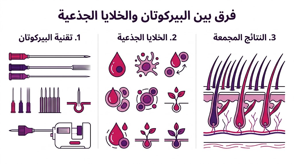 إنفوجرافيك تعليمي يستعرض الفرق بين البيركوتان والخلايا الجذعية في ثلاث نقاط رئيسية.