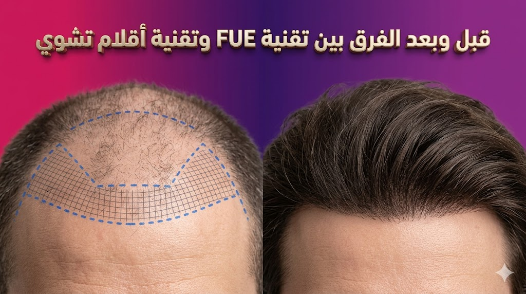  مقارنة قبل وبعد توضح نتائج الفرق بين تقنية FUE وتقنية أقلام تشوي في زراعة الشعر.