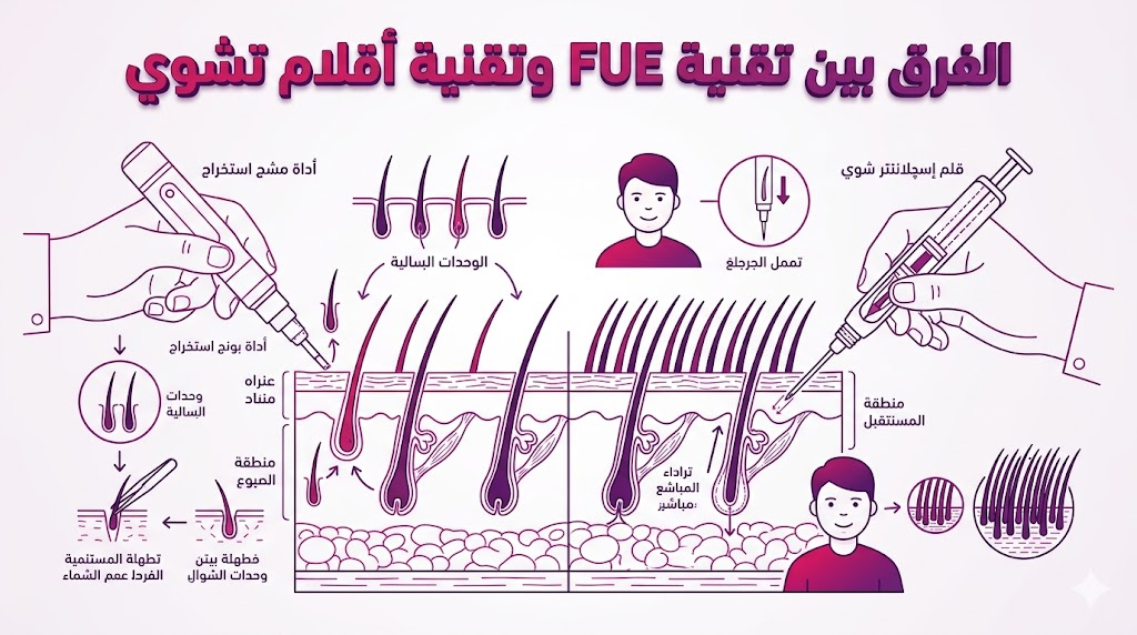 مخطط تشريحي يوضح الفرق بين تقنية FUE وتقنية أقلام تشوي من الناحية الطبية والعلمية.