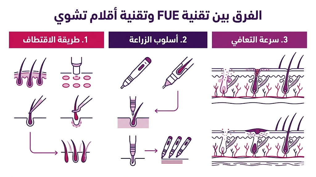 إنفوجرافيك تعليمي يشرح 3 نقاط أساسية حول الفرق بين تقنية FUE وتقنية أقلام تشوي.