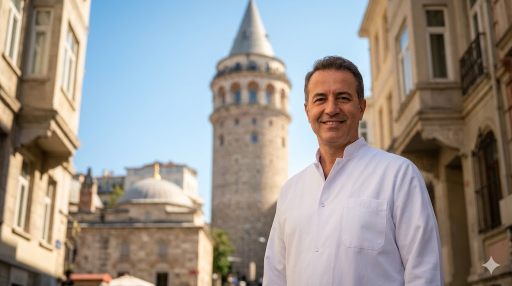 طبيب مختص في تركيا أمام برج غالاتا يشرح الفرق بين تقنية FUE وتقنية أقلام تشوي.