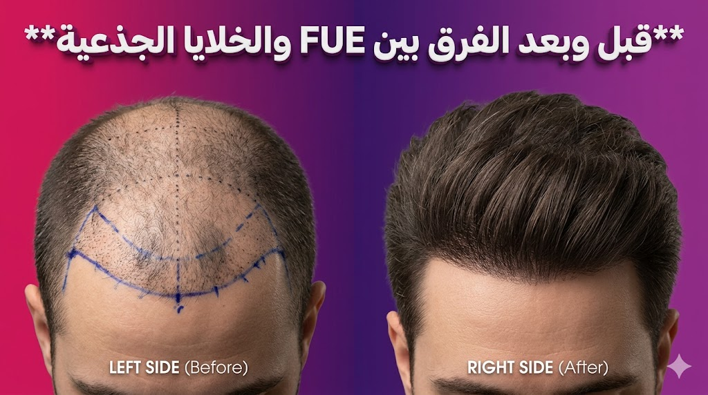 مقارنة قبل وبعد توضح نتائج الفرق بين FUE والخلايا الجذعية في تكثيف الشعر.