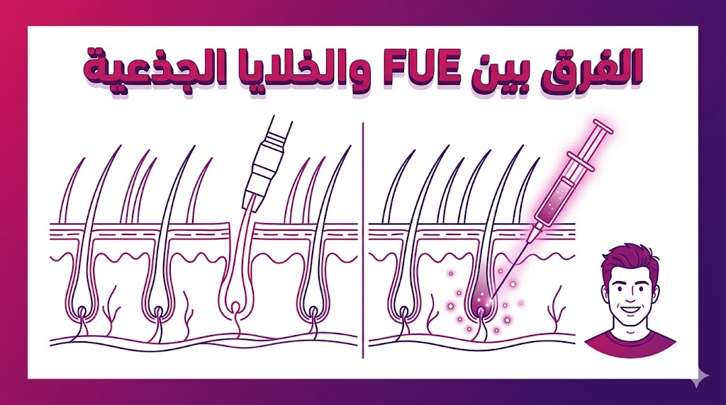إنفوجرافيك تشريحي يوضح الفرق بين FUE والخلايا الجذعية من الناحية العلمية للبصيلات.