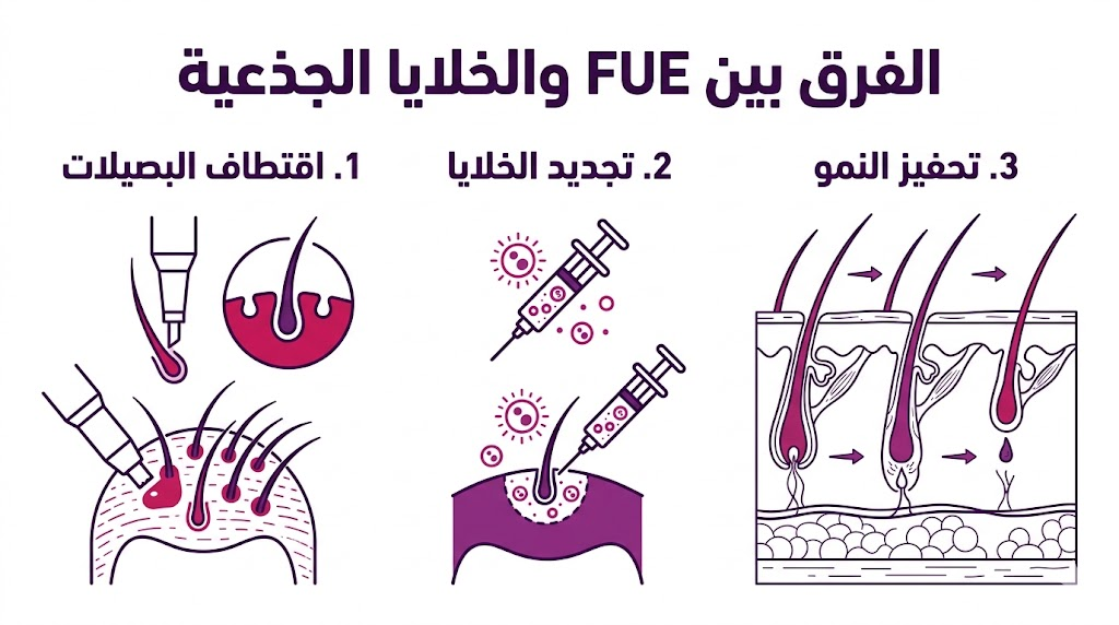 مخطط توضيحي مقسم لثلاث مراحل يبرز الفرق بين FUE والخلايا الجذعية في معالجة الصلع.