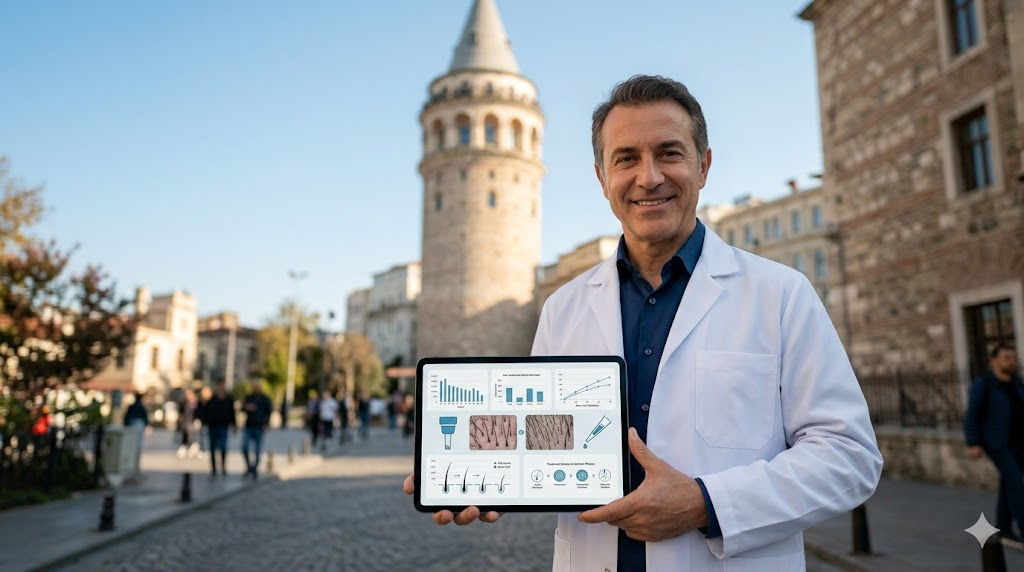 طبيب مختص في تركيا يشرح الفرق بين FUE والخلايا الجذعية أمام برج غالاتا.