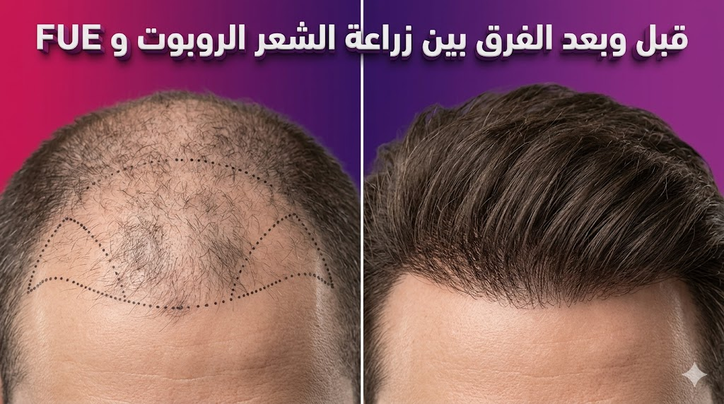مقارنة واقعية قبل وبعد توضح نتائج الفرق بين زراعة الشعر الروبوت و FUE مع تحديدات طبية دقيقة.