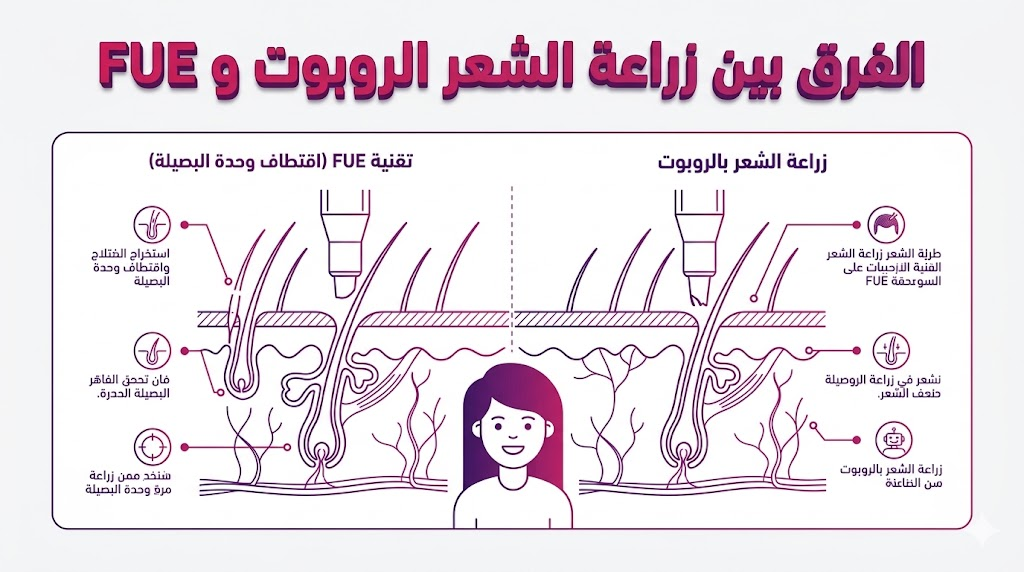 مخطط تشريحي تعليمي يوضح الفرق بين زراعة الشعر الروبوت و FUE وكيفية التعامل مع بصيلات الشعر.