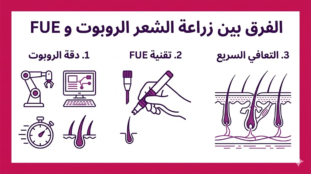 إنفوجرافيك طبي مقسم لثلاثة أقسام يشرح الفرق بين زراعة الشعر الروبوت و FUE من حيث الدقة والتعافي.