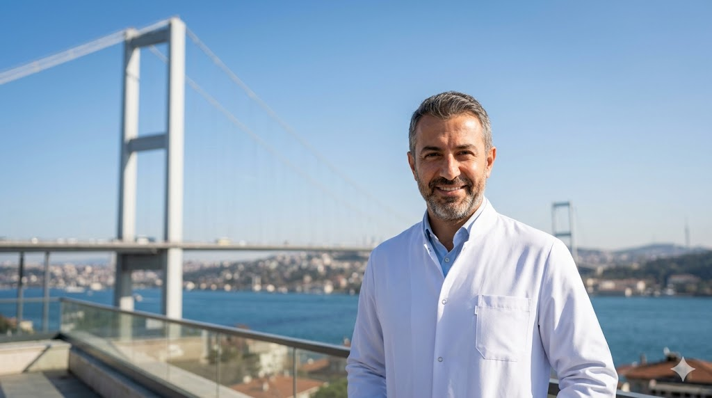 طبيب مختص في تركيا أمام جسر البوسفور يشرح الفرق بين زراعة الشعر الروبوت و FUE للسياح الطبيين.