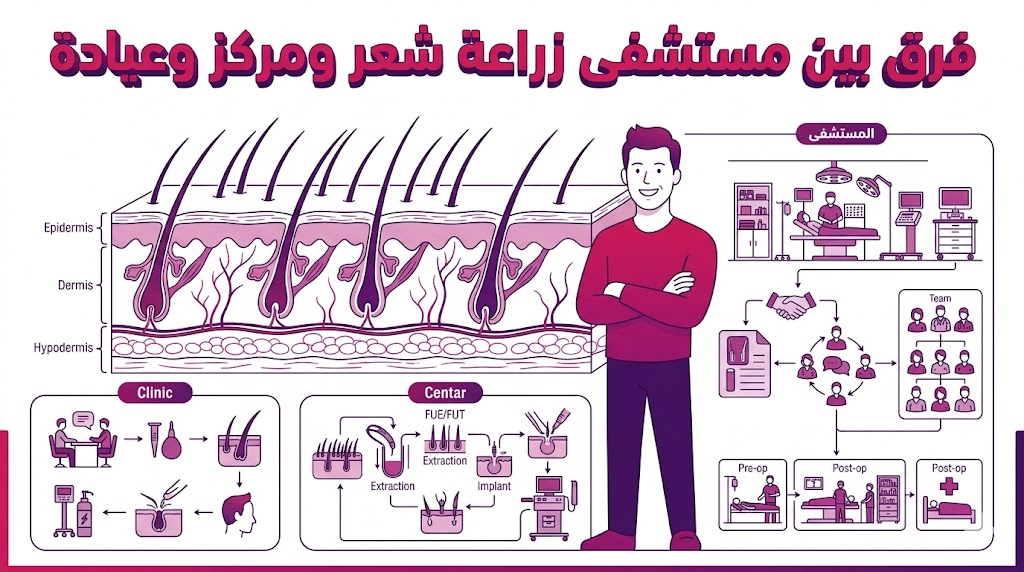 إنفوجرافيك تعليمي يوضح التشريح الدقيق لفروة الرأس ويشرح فرق بين مستشفى زراعة شعر ومركز وعيادة من منظور علمي.