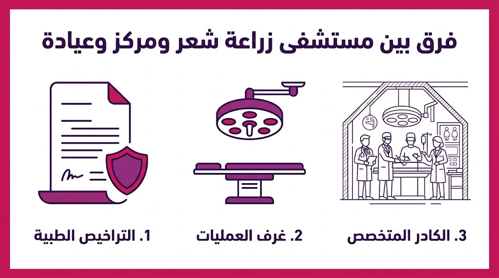 ملصق إنفوجرافيك طبي يوضح المعايير الثلاثة الأساسية في فرق بين مستشفى زراعة شعر ومركز وعيادة.