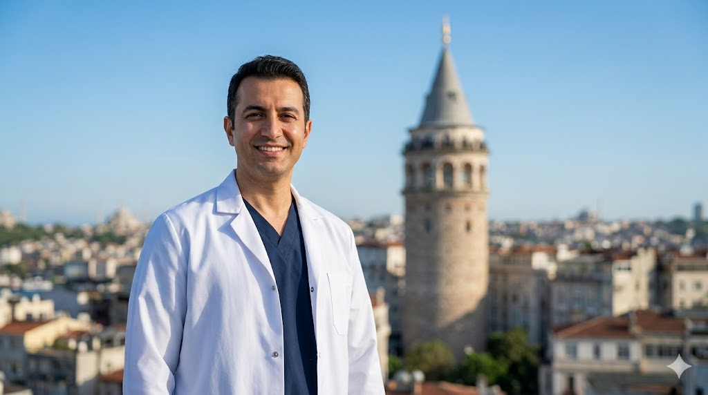 طبيب متخصص في تركيا يشرح فرق بين مستشفى زراعة شعر ومركز وعيادة أمام برج غالاتا التاريخي في اسطنبول.