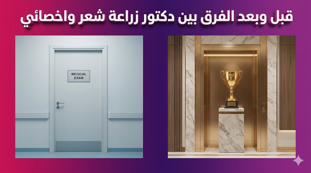 مقارنة رمزية توضح الفرق بين دكتور زراعة شعر واخصائي من حيث التجهيزات والنتائج الاحترافية.