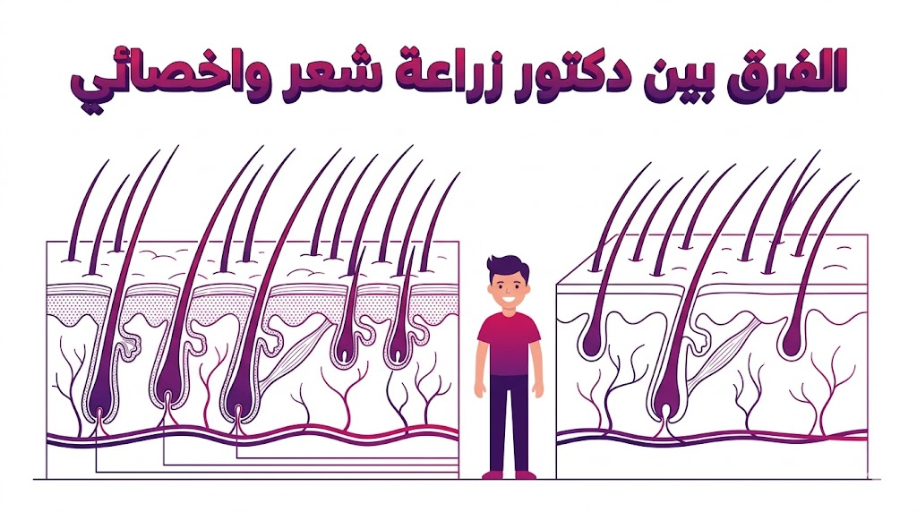  إنفوجرافيك تعليمي يشرح الجانب العلمي والتشريحي لعملية الشعر موضحاً الفرق بين دكتور زراعة شعر واخصائي.