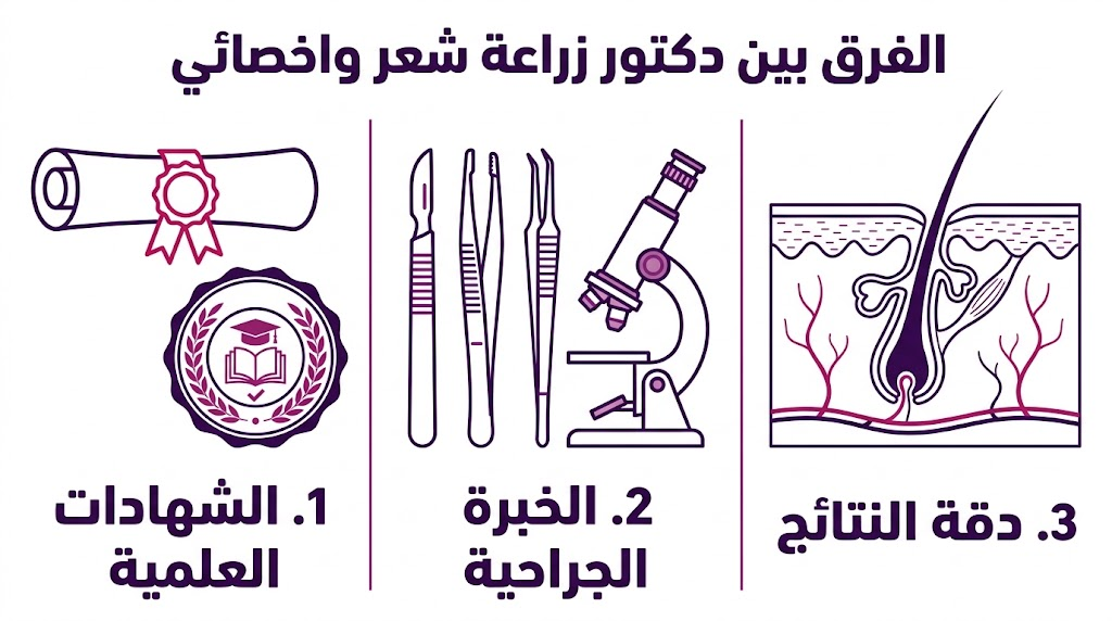 بوستر إنفوجرافيك يوضح 3 نقاط أساسية في الفرق بين دكتور زراعة شعر واخصائي.