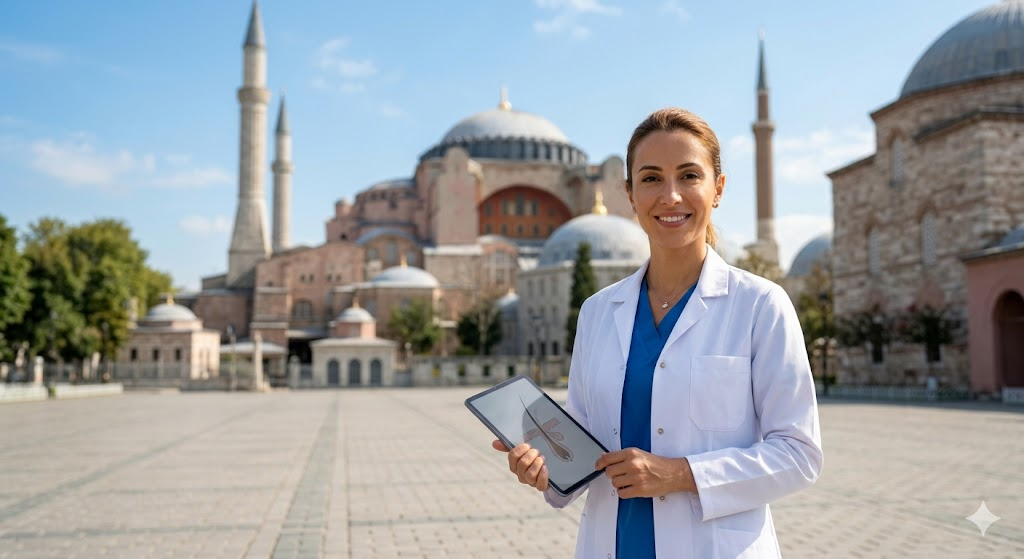 دكتور زراعة شعر بزي طبي أمام آيا صوفيا في اسطنبول يوضح الفرق بين دكتور زراعة شعر واخصائي.