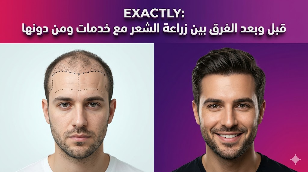 مقارنة قبل وبعد توضح نتائج الفرق بين زراعة الشعر مع خدمات ومن دونها مع تخطيط طبي دقيق.