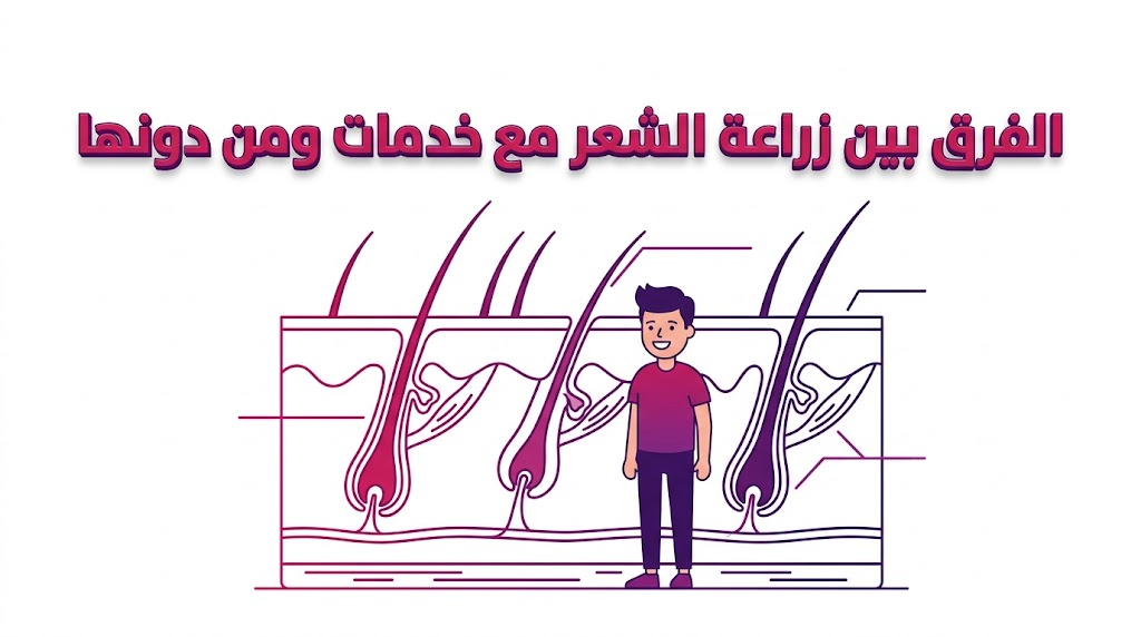 مخطط تشريحي علمي يوضح الفرق بين زراعة الشعر مع خدمات ومن دونها وتفاصيل زرع البصيلات.