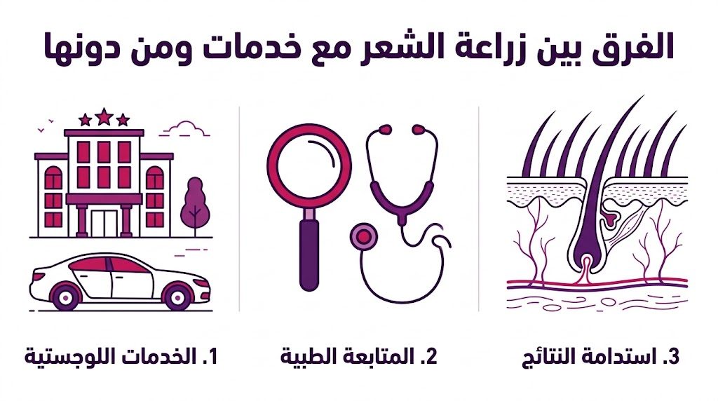 إنفوجرافيك تعليمي يقارن الفرق بين زراعة الشعر مع خدمات ومن دونها من خلال ثلاث نقاط أساسية.