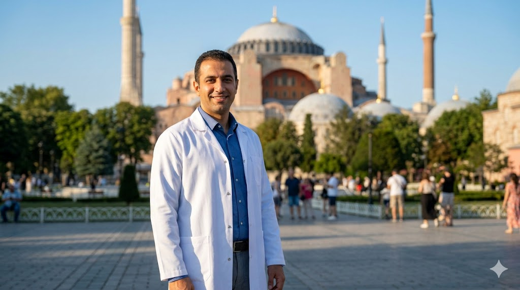 طبيب مختص في تركيا يبتسم أمام آيا صوفيا، يمثل جودة الفرق بين زراعة الشعر مع خدمات ومن دونها في اسطنبول.