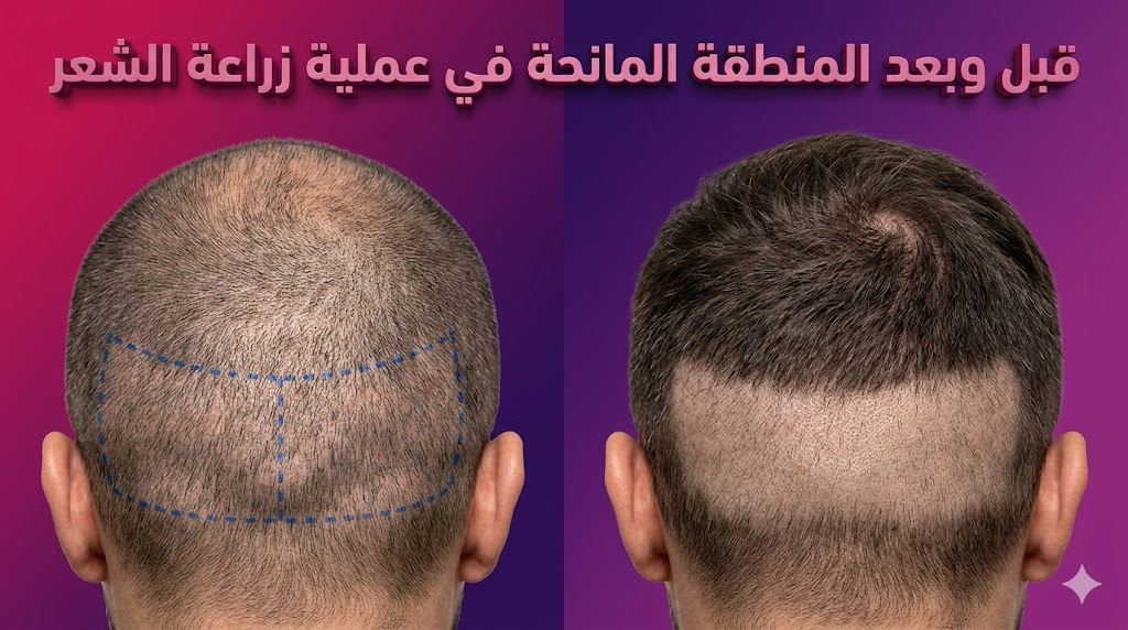 مقارنة قبل وبعد توضح علامات التخطيط الطبي في المنطقة المانحة في عملية زراعة الشعر والنتيجة بعد الالتئام التام.