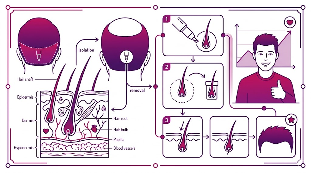 مخطط تشريحي يوضح جودة البصيلات وتركيبها في المنطقة المانحة في عملية زراعة الشعر بأسلوب فني تعليمي.