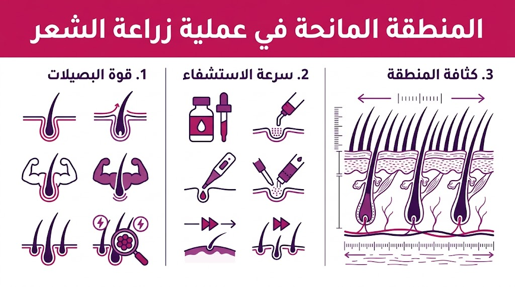 إنفوجرافيك تعليمي يستعرض قوة البصيلات، سرعة الاستشفاء، وتوازن الكثافة في المنطقة المانحة في عملية زراعة الشعر.
