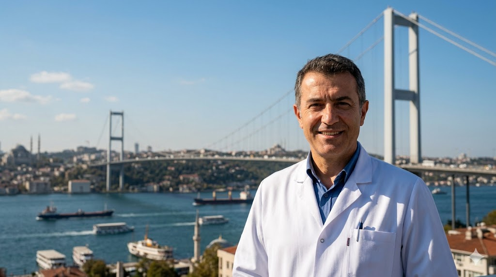 طبيب خبير في معالجة المنطقة المانحة في عملية زراعة الشعر يقف أمام جسر البوسفور في اسطنبول بتركيا.