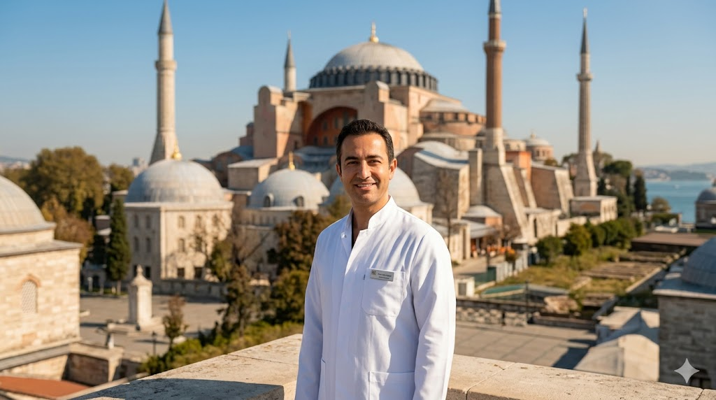 طبيب متخصص في علاج أسباب تساقط الشعر يقف أمام جامع آيا صوفيا في مدينة إسطنبول بتركيا.