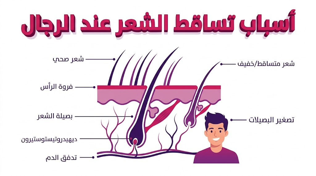 إنفوجرافيك تشريحي يوضح البنية الداخلية للبصيلة وعلاقتها بـ أسباب تساقط الشعر عند الرجال.