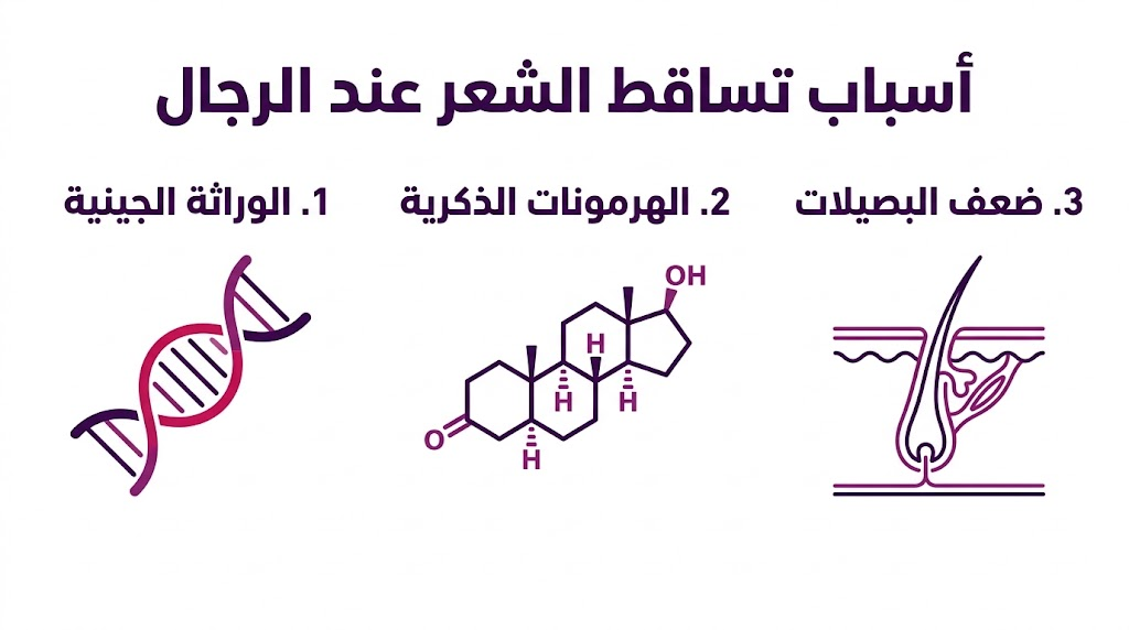 إنفوجرافيك تعليمي مقسم لثلاثة أجزاء يشرح أهم أسباب تساقط الشعر عند الرجال طبياً.