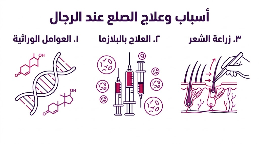  إنفوجرافيك طبي يلخص العوامل الوراثية والحلول العلاجية مثل البلازما وزراعة الشعر ضمن أسباب وعلاج الصلع عند الرجال.