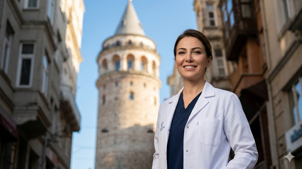 طبيب متخصص في أسباب وعلاج الصلع عند الرجال يقف أمام برج غالاتا في اسطنبول كوجهة رائدة للعلاج.