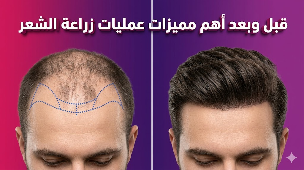 مقارنة قبل وبعد توضح أهم مميزات عمليات زراعة الشعر من حيث الكثافة وتصميم خط الشعر الأمامي.