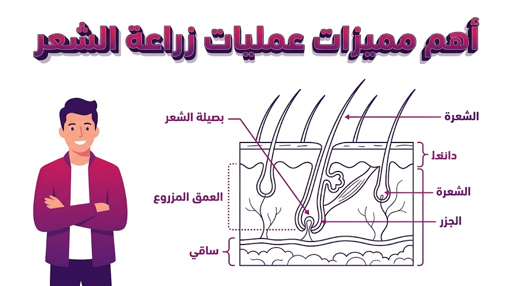 مخطط تشريحي طبي يوضح أهم مميزات عمليات زراعة الشعر وكيفية انغراس البصيلات في فروة الرأس.