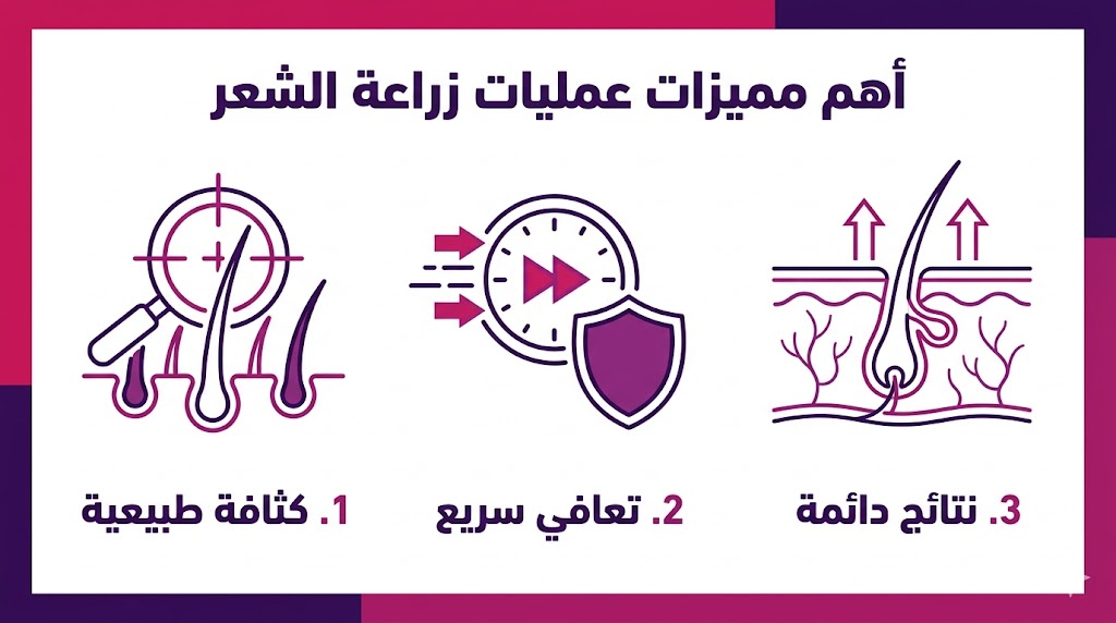  إنفوجرافيك تعليمي يلخص أهم مميزات عمليات زراعة الشعر مثل الكثافة والتعافي والنتائج المستدامة.