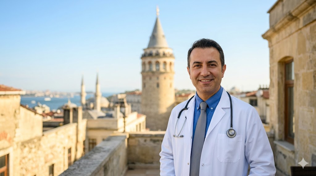 طبيب متخصص يقف أمام برج غالاتا في اسطنبول لتقديم استشارات حول أهم مميزات عمليات زراعة الشعر في تركيا.