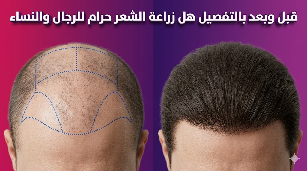  صورة قبل وبعد توضح نتائج العملية لموضوع بالتفصيل هل زراعة الشعر حرام للرجال والنساء مع تخطيط طبي دقيق.