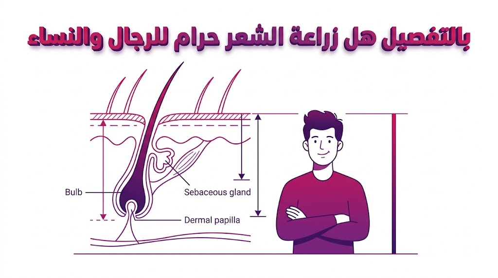مخطط تشريحي علمي يوضح بصيلات الشعر وعملية الزرع ضمن موضوع بالتفصيل هل زراعة الشعر حرام للرجال والنساء.
