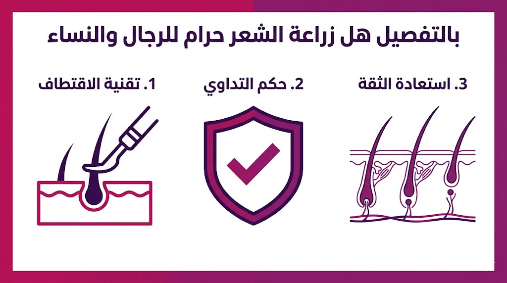 إنفوجرافيك تعليمي مقسم لثلاثة أقسام يشرح بالتفصيل هل زراعة الشعر حرام للرجال والنساء طبياً وشرعياً.