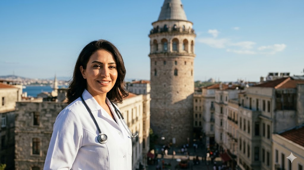 طبيب مختص في تركيا يقف أمام برج غالاتا لمناقشة بالتفصيل هل زراعة الشعر حرام للرجال والنساء.