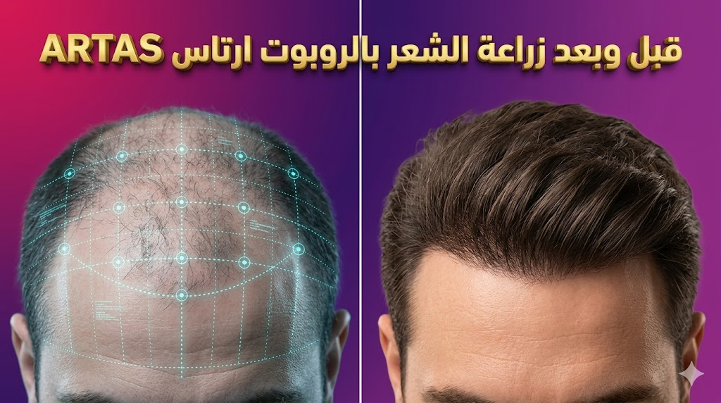 مقارنة قبل وبعد توضح نتائج زراعة الشعر بالروبوت ارتاس ARTAS مع تخطيط رقمي دقيق لفروة الرأس.