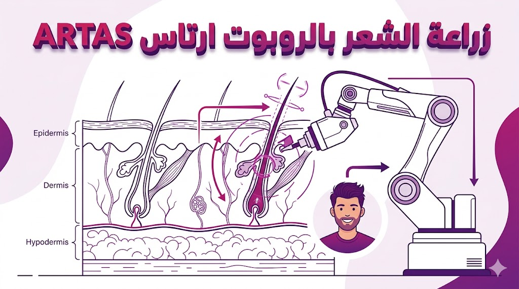  إنفوجرافيك تعليمي يوضح الآلية العلمية لعمل زراعة الشعر بالروبوت ارتاس ARTAS في استخراج البصيلات.